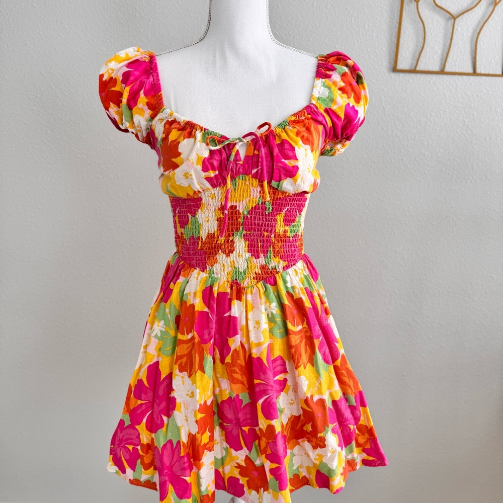 Sabo Skirt Bright Pink Orange Yellow Floral Mini Dress